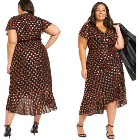 Lane Bryant Surplice Fitted Sz. 28 Black Midi Dress Red Metallic Gold Polka Dot - Picture 1 of 11